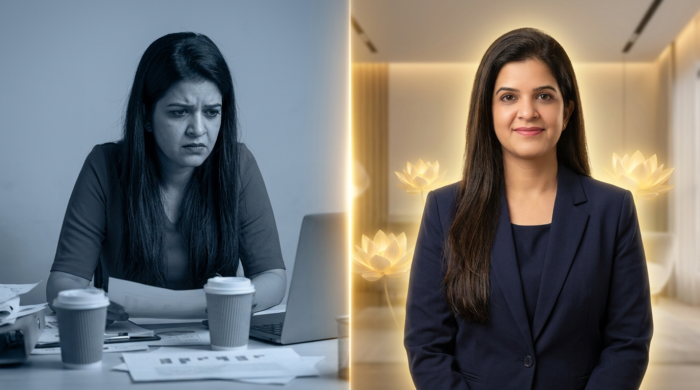 Split frame: overwhelmed at a late-night desk, then calm and centered after the reset