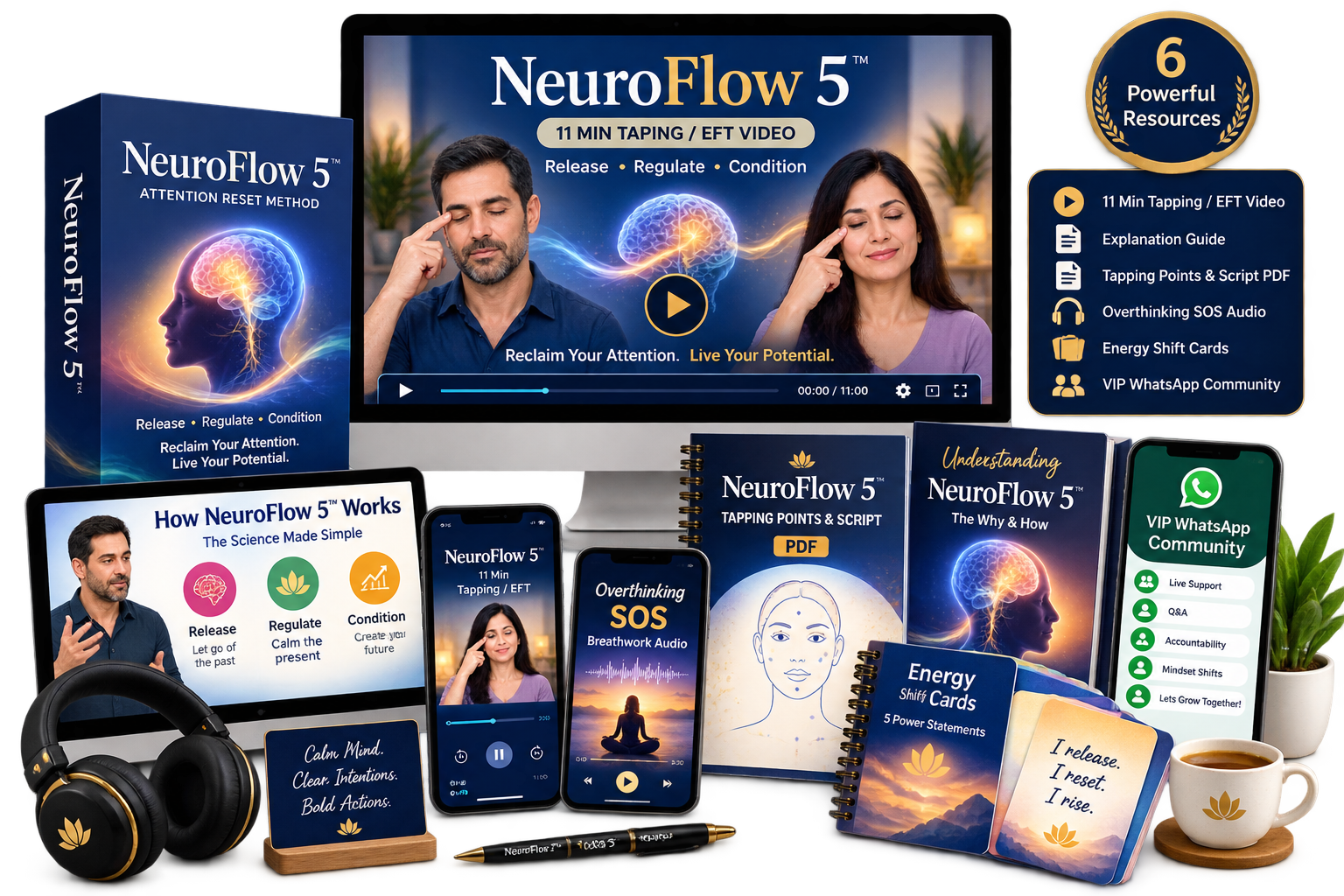 NeuroFlow 5 tapping solution bundle: video, guide, tapping script PDF, breathwork audio, energy shift cards and VIP community