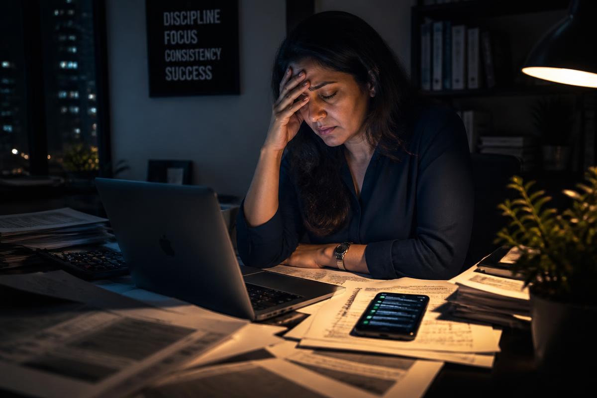 Exhausted professional woman overwhelmed at her desk late at night