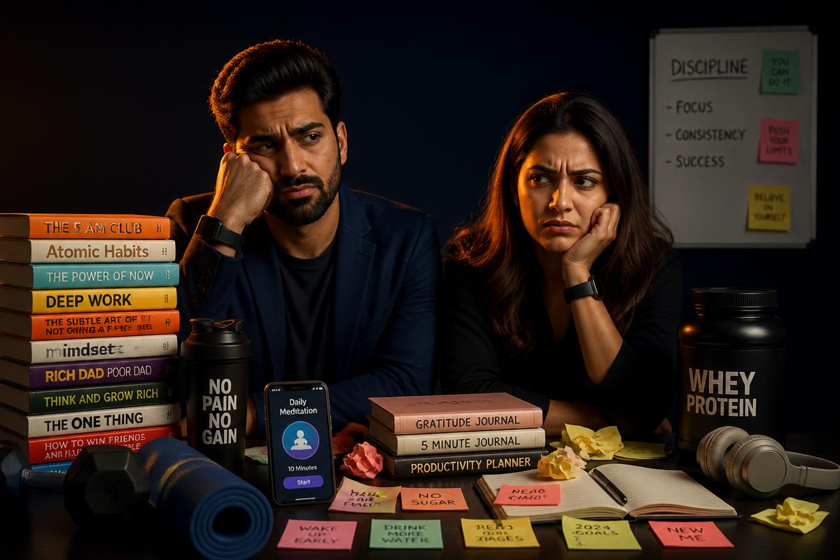 Professionals surrounded by self-help books, apps and planners that did not work